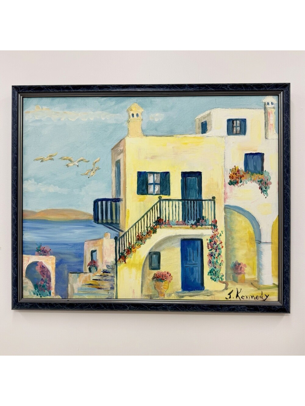 Vintage Greek Island Mediterranean Oil Painting Canvas Framed Signed J Kennedy